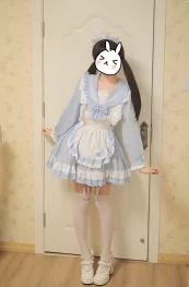Sweet Blue & White Lolita Maid Tea Party Outfit - Ruffled Apron, Bows & Lace